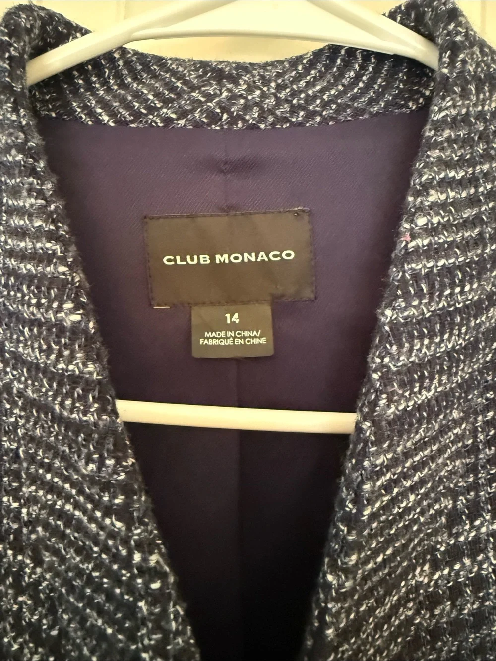 Club Monaco Navy Plaid Tweed Open-Front Blazer Jacket